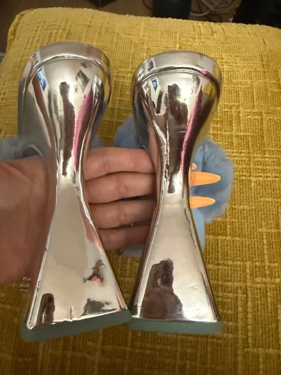 Circus by Sam Edelman Metallic Silver Platform Mules with Light Blue Faux Fur - Picture 6 of 6